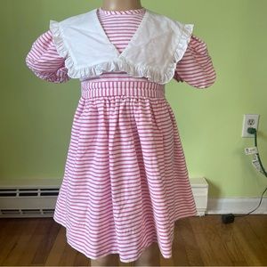 VINTAGE SYLVIA WHITE PINK WHITE STRIPED SAILOR COLLAR DRESS SIZE 4T 100% COTTON